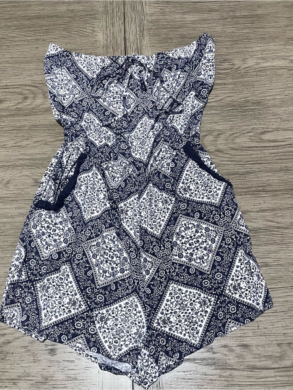 Three Pink Hearts strapless romper, medium, blue & white, has pockets.